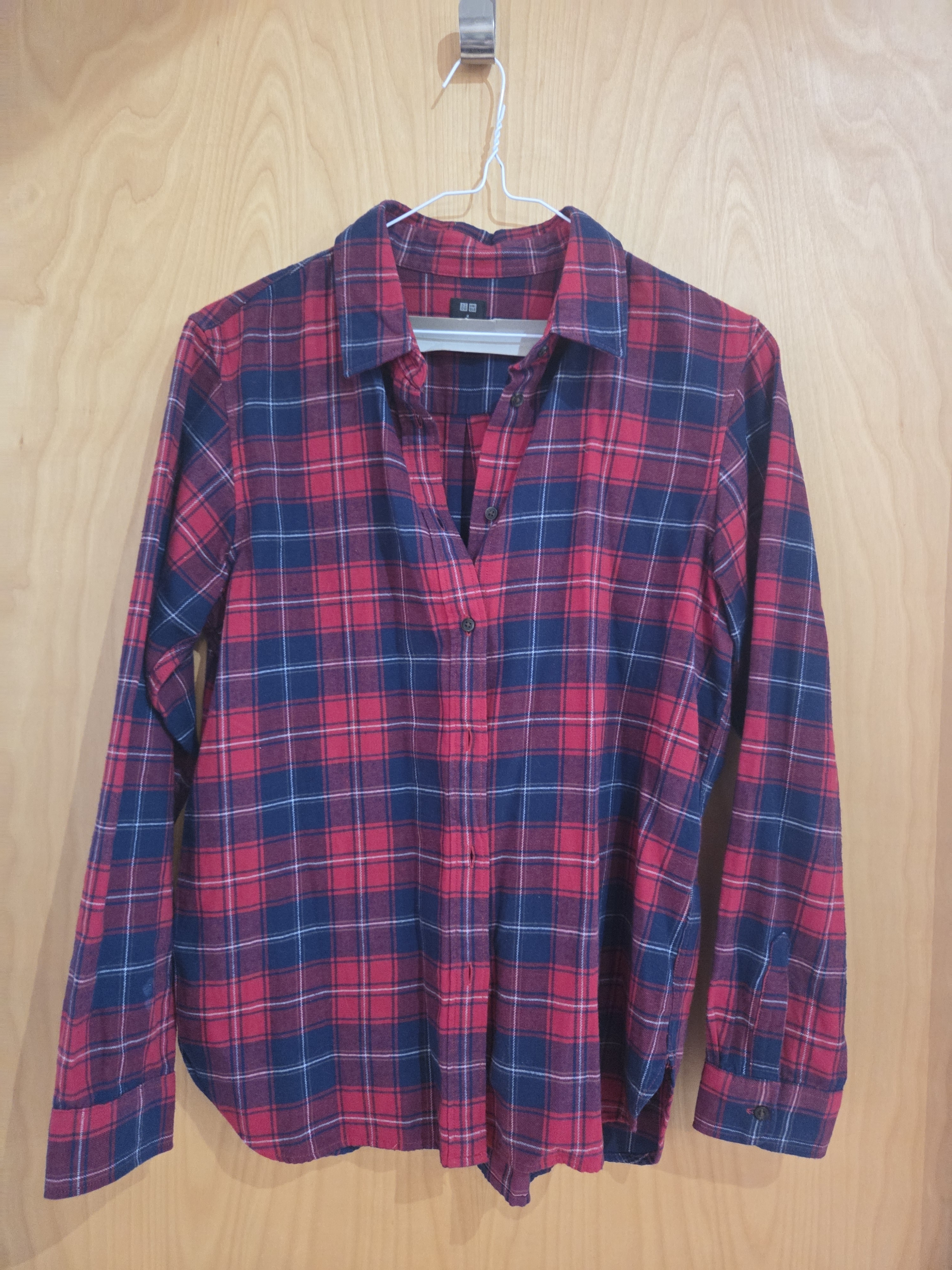 Uniqlo Red And Navy Plaid Casual Button-Down Shirt